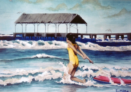 Boogie Kauai watercolor painting - Artist Emily Miller's Hawaii artwork of girl, boogie board, waves, hanalei, ocean, pier art