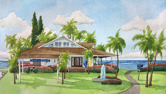 Secret Beach House Kauai watercolor painting - Artist Emily Miller's Hawaii artwork of house, ocean art