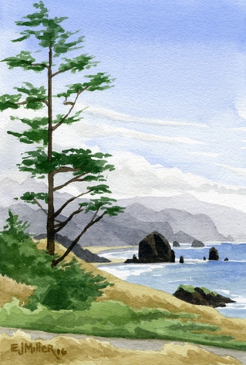 Cannon Beach from Ecola State Park, Oregon Coast watercolor - Haystack Rock Oregon artwork by Emily Miller