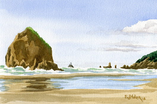 Haystack Rock and Tillamook Rock Lighthouse, Oregon - beach, haystack rock, cannon beach, oregon coast artwork by Emily Miller