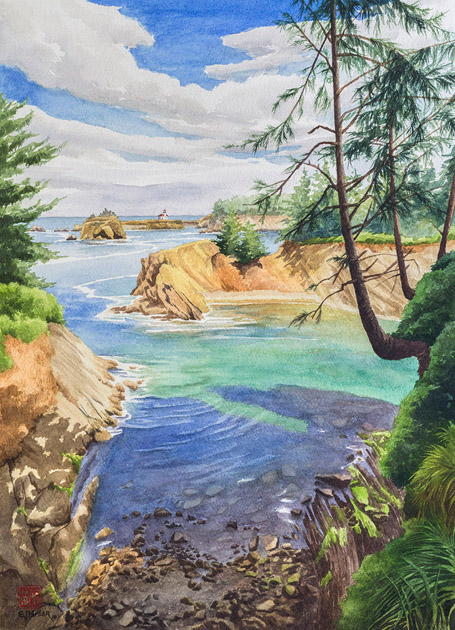 Cape Arago Lighthouse watercolor painting by Emily Miller