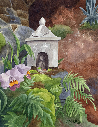 Shrine at Lawai International Center Kauai watercolor painting - Artist Emily Miller's Hawaii artwork of buddhist, shrine, lawai art