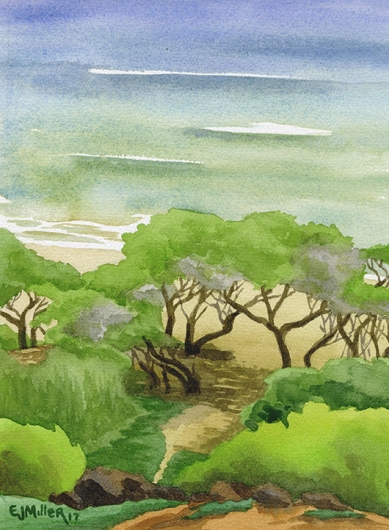 Path to Donkey Beach Kauai watercolor painting - Artist Emily Miller's Hawaii artwork of beach art