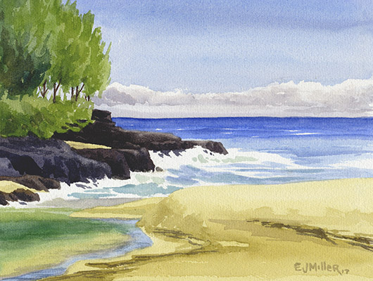 Lumahai River Mouth Kauai watercolor painting - Artist Emily Miller's Hawaii artwork of Lumahai beach, north shore Kauai art