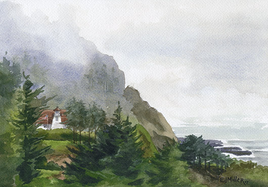 Cleft of the Rock Lighthouse, Oregon lighthouse, cape perpetua lighthouse, lighthouse, oregon coast watercolor artwork by Emily Miller