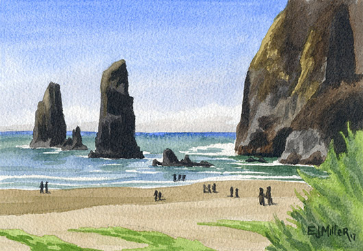 Needles and the Haystack, Cannon Beach painting, Oregon watercolor artwork, Oregon coast art by Emily Miller
