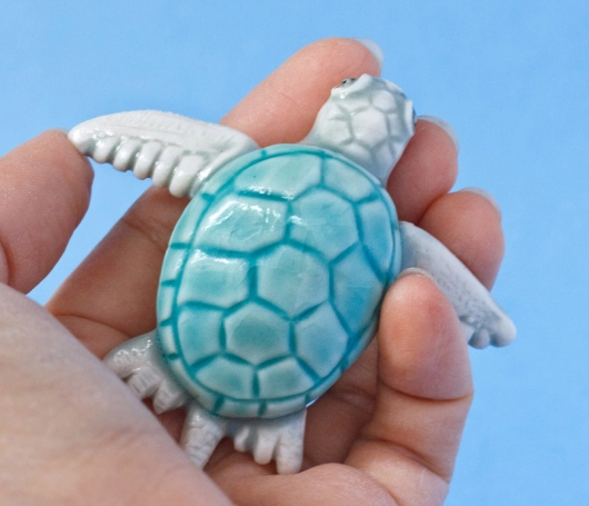 Hatching Turtle sculpture, porcelain sea turtle artwork by Emily Miller
