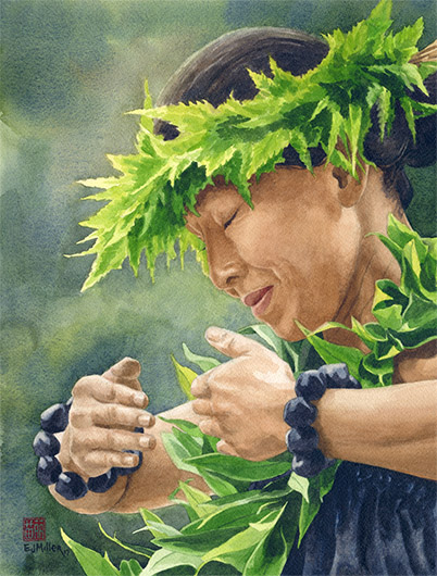 Heritage Kauai watercolor painting - Artist Emily Miller's Hawaii artwork of maile lei, hula art