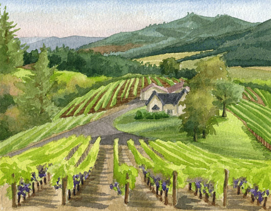 David Hill Winery, Oregon watercolor painting by Emily Miller