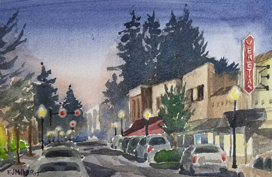Night at the Venetian, Oregon watercolor painting by Emily Miller