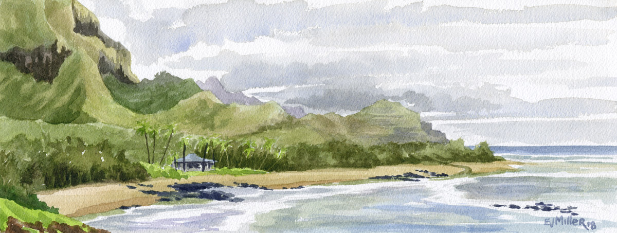 Gillin's Beach, Mahaulepu, Kauai watercolor artwork by Emily Miller
