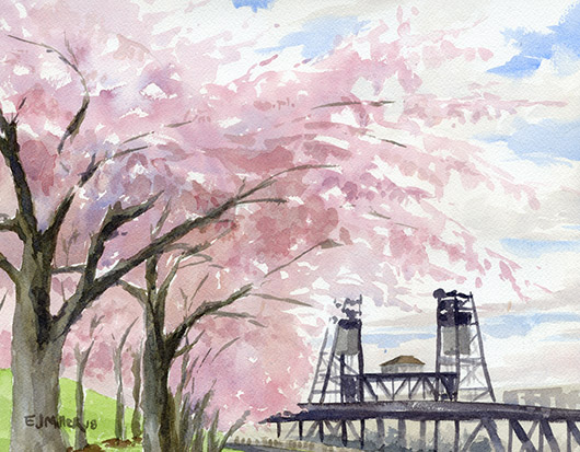 Cherry Blossoms at Portland Waterfront, Oregon watercolor painting - cherry blossoms, portland oregon, steel bridge, portland bridges artwork by Emily Miller