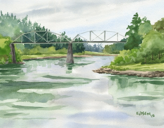 Lake Oswego Railway Bridge, Willamette River painting, Oregon watercolor artwork by Emily Miller