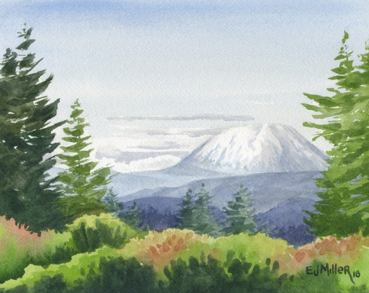 Mt. St. Helens from Marylhurst Heights, Lake Oswego painting, Oregon watercolor artwork by Emily Miller