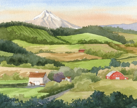 Mt. Hood Sunset from Cooks Butte, Lake Oswego watercolor art, Oregon artwork by Emily Miller