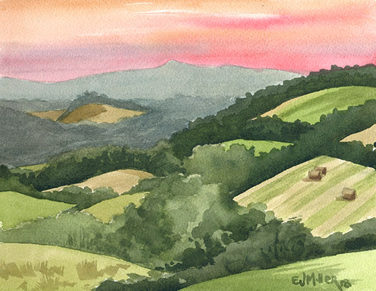 Sunset over Meath Hill, Ireland watercolor painting
