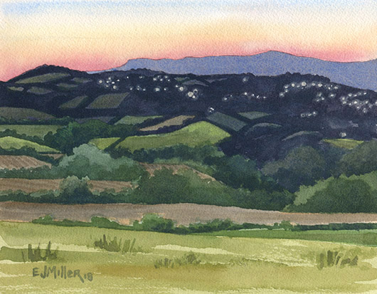 Dusk over Kingscourt from Meath Hill, Ireland watercolor painting