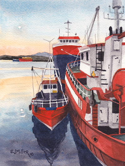 Sunset at Killybegs Harbour, Wild Atlantic Way Ireland watercolor painting