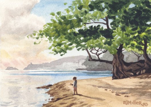 Sun Glow at Anini Beach Kauai watercolor painting - Artist Emily Miller's Hawaii artwork of commission, anini art