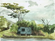 Kauai Artwork by Hawaii Artist Emily Miller - Plein Air, Waita Reservoir fishing shack