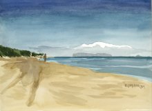 Kauai watercolor artwork by Hawaii Artist Emily Miller - Plein Air at Polihale 1 - view of Niihau