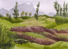 Kauai watercolor artwork by Hawaii Artist Emily Miller - Mountain View from Donkey Beach