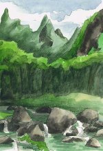 Kauai watercolor artwork by Hawaii Artist Emily Miller - Limahuli Garden and Stream, Plein Air