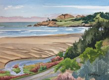 Yaquina Head Lighthouse from Agate Beach - Hawaii watercolor by Emily Miller