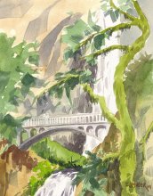 Bridge over Multnomah Falls - Hawaii watercolor by Emily Miller