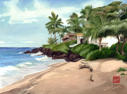 Poipu Surf Spot, Archit­ecture - poipu, ocean, beach, palm trees, palms artwork by Emily Miller