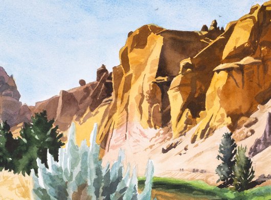 Detail of soaring birds above the cliffs and hikers on the Crooked River Trail Fog over Freese Island from Deer Isle, Maine, Down East Maine -  artwork by Emily Miller