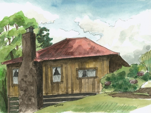 Plein Air, Kokee Cabin 2 Kauai watercolor painting - Artist Emily Miller's Hawaii artwork of house, kokee art