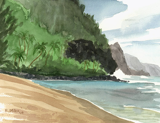 Plein Air at Kee Beach, Makai — Kauai beaches - ke'e beach, haena, palm trees, cliffs, na pali, ocean, beach artwork by Emily Miller