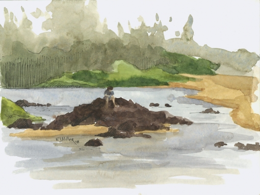 Looking Upriver, Kealia Stream - Plein Air Kauai watercolor painting - Artist Emily Miller's Hawaii artwork of kealia, river, beach, kapaa art