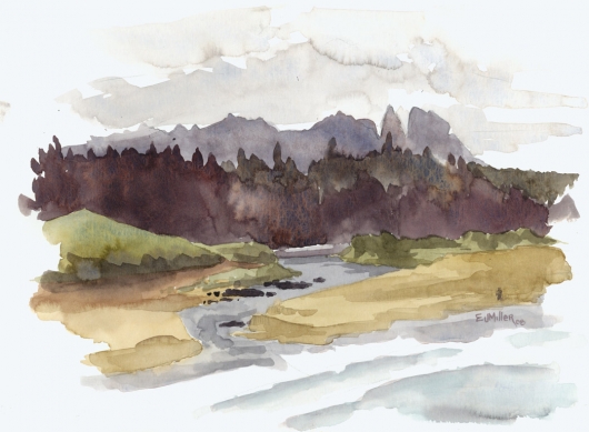 Plein Air at Kealia Lookout Kauai watercolor painting - Artist Emily Miller's Hawaii artwork of mountain, kalalea, river, ocean, beach, kealia, kapaa art