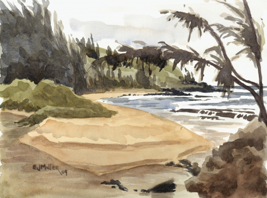 Moloaa Beach river mouth, Plein Air, Makai — Kauai beaches - moloaa, beach, ocean, river artwork by Emily Miller