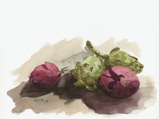 Still Life, Red Onions & Artichokes, Still Life -  artwork by Emily Miller