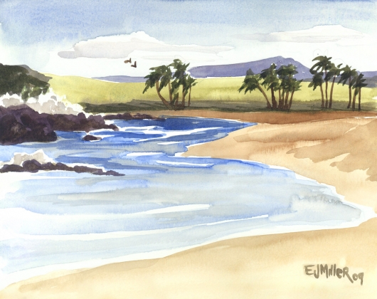 South Baby Beach, Salt Pond Kauai watercolor painting - Artist Emily Miller's Hawaii artwork of salt pond, hanapepe art