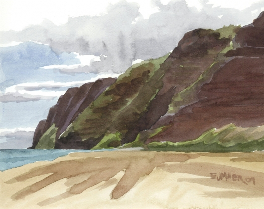 Plein Air at Polihale 3 - Na Pali cliffs, Makai — Kauai beaches - na pali, cliffs, polihale, beach, ocean artwork by Emily Miller