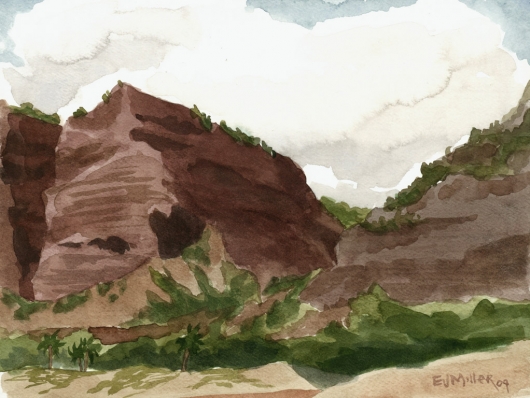 Plein Air at Polihale 4 - the cliffs, Mauka — the mountains - polihale, cliffs, beach artwork by Emily Miller