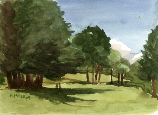 Plein Air at Kokee Meadow Kauai watercolor painting - Artist Emily Miller's Hawaii artwork of kokee, trees art