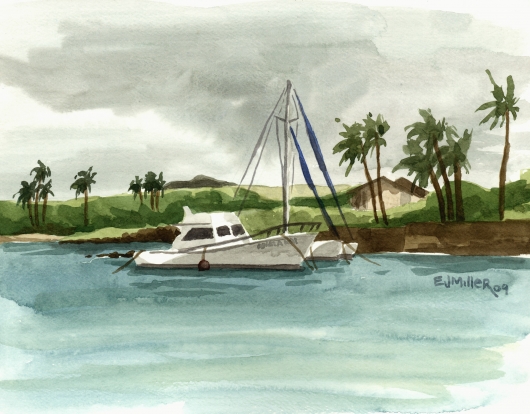 Catamaran at Kukuiula Harbor, plein air, Makai — Kauai beaches - boats, fishing, poipu, kukuiula, catamaran, ocean artwork by Emily Miller