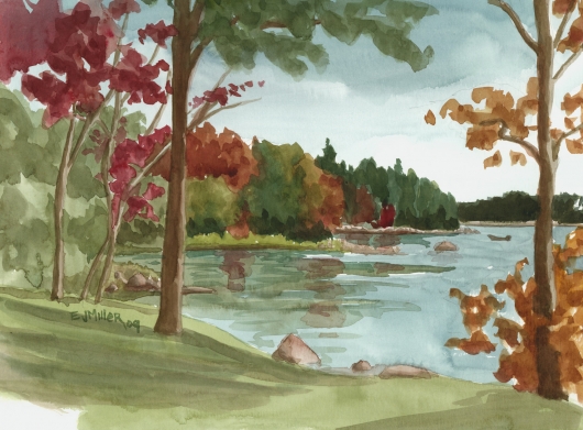 Autumn View of Deer Isle coastline, Maine, Down East Maine -  artwork by Emily Miller