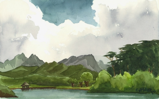 Gazebo on the Lake, Kauai Ranch - Plein Air, Mauka — the mountains - lake, mountains artwork by Emily Miller