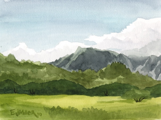 Plein Air, Kapaa bypass, Mauka — the mountains - pasture, mountains, kapaa artwork by Emily Miller