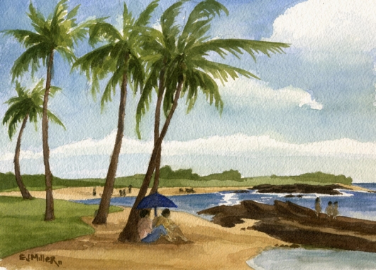 North Baby Beach, Salt Pond Kauai watercolor painting - Artist Emily Miller's Hawaii artwork of palms, palm trees, beach, ocean, salt pond, umbrella art