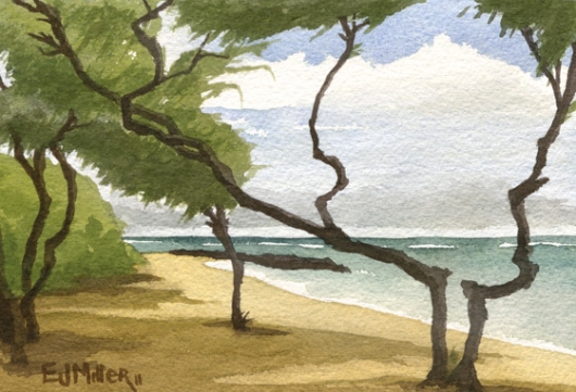 Ironwoods at Bullshed beach, Makai — Kauai beaches - trees, ocean, beach, kapaa artwork by Emily Miller