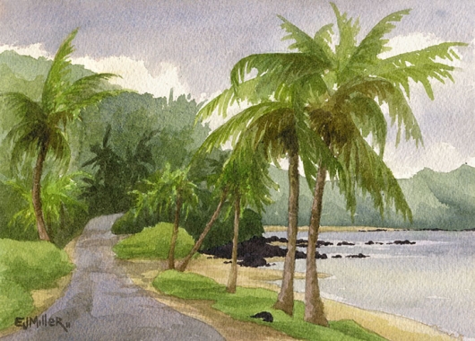 Storm over Anini Beach Kauai watercolor painting - Artist Emily Miller's Hawaii artwork of palms, palm trees, road, anini beach, beach, ocean art