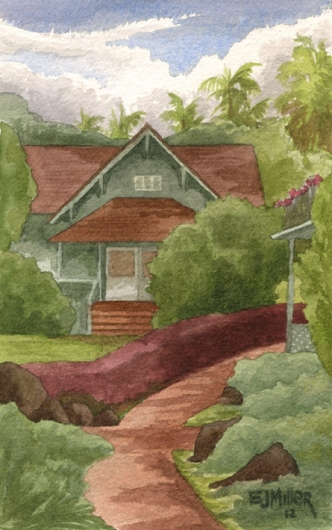 NTBG Visitor Center Kauai watercolor painting - Artist Emily Miller's Hawaii artwork of house, NTBG, poipu art