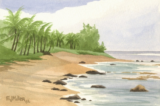 Plein Air at Haena Point, Makai — Kauai beaches - palm trees, ocean, beach, haena artwork by Emily Miller